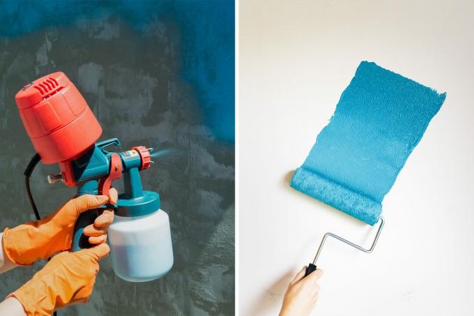 comparação lado a lado de um pulverizador de tinta espalhando tinta azul-petróleo em uma parede de concreto e um rolo de pintura pintando tinta azul-petróleo em uma parede branca