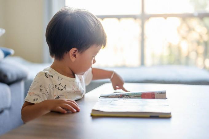 პატარა ბიჭი სახლში მისაღებ ოთახში ყავის მაგიდასთან მდგარ წიგნს უყურებს