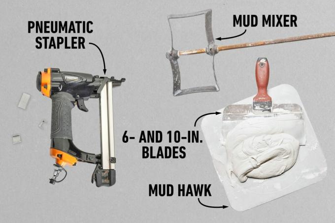 Fh22jun 618 10 018 019 020 Verktøy inkluderer mud mixer blader pneumatisk stiftemaskin og mud Hawk huseierguide til gips