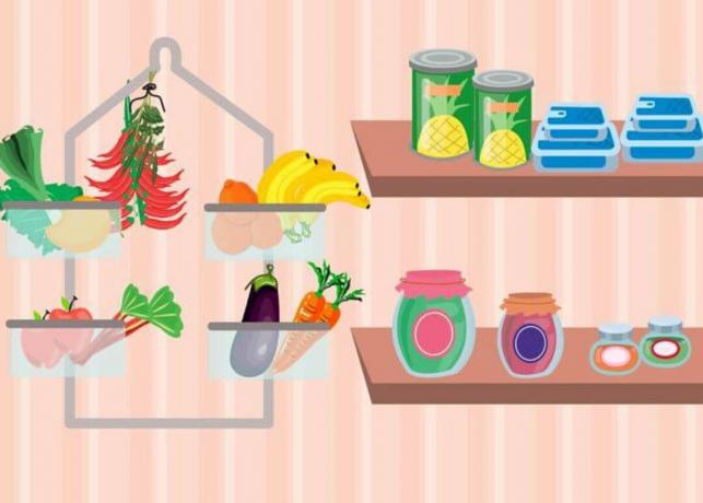 Use un organizador de ducha para almacenar la organización de la despensa de frutas y verduras
