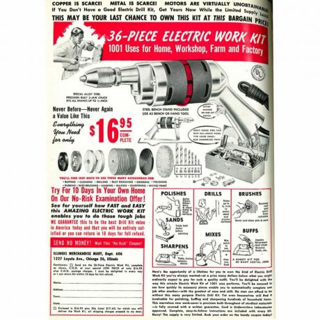 Um anúncio vintage para um kit de trabalho elétrico de 36 peças | Dicas profissionais de construção