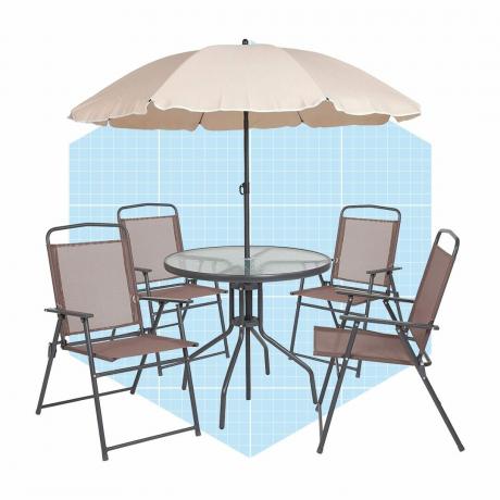 Flash nábytek Nantucket 6dílná hnědá zahradní sada na terasu se stolkem na deštníky a sadou 4 skládacích židlí Ecomm Amazon.com