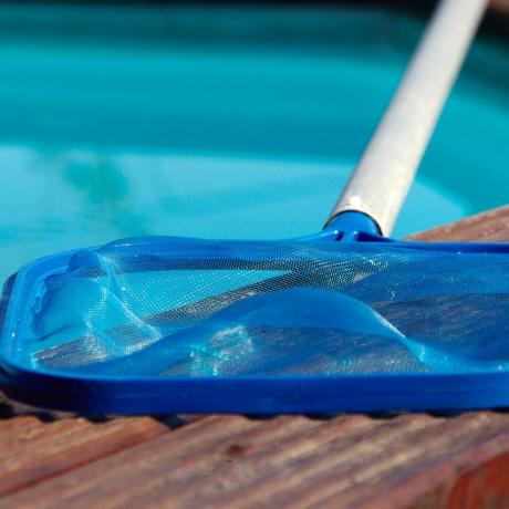 Limpiador de red de piscina azul tendido junto a una piscina