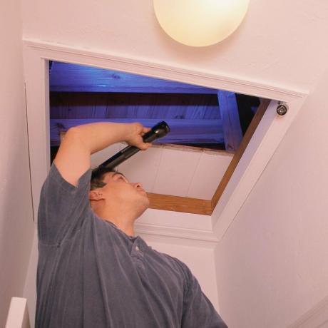 Uomo che ispeziona una soffitta