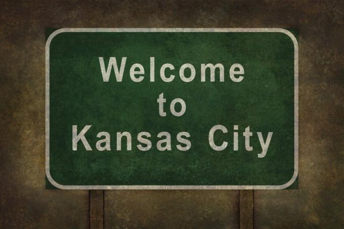 Bienvenido a la ilustración de signo de carretera de Kansas City