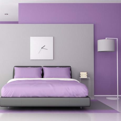 Mūsdienīga violeta un pelēka galvenā guļamistaba