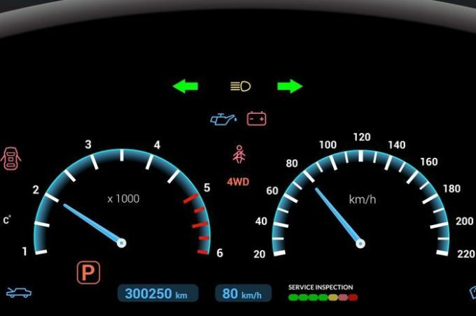 Palubná doska moderného automobilu ovládanie osvetleného panela rýchlosť displeja vektorové ilustrácie