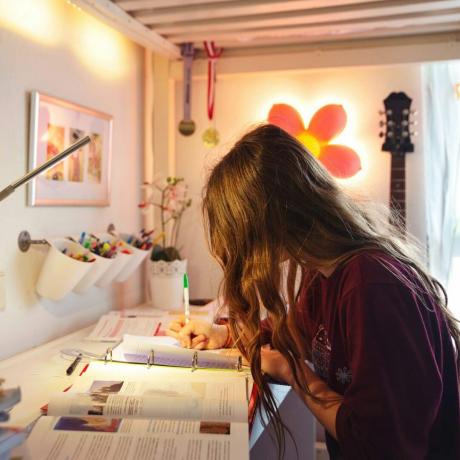 Studentflicka som studerar hemma i hennes rum
