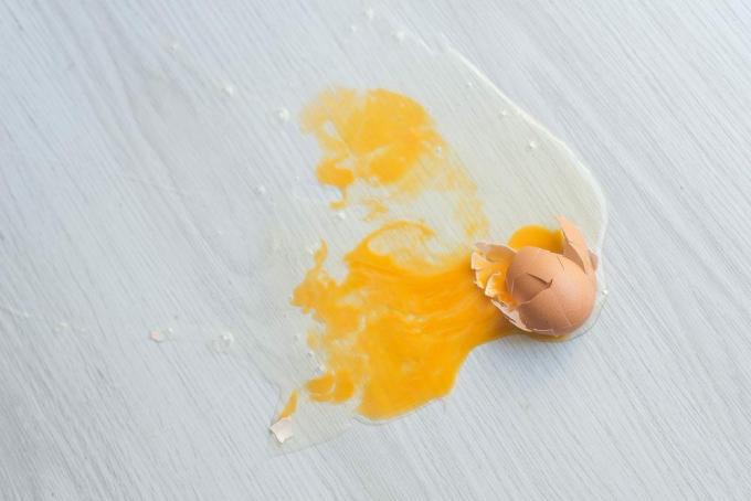Uz grīdas salūzusi ola.