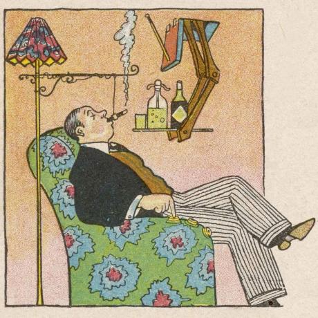 Omul fumează un trabuc este o ilustrație a unei case futuriste