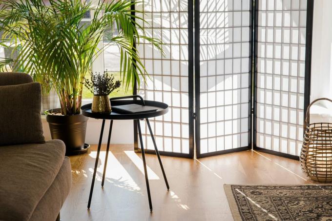 Domácí obývací pokoj s dřevěnou a papírovou dělicí zástěnou blokující slunce z okna, černý kovový akcentační stůl a pohovka, přírodní barvy.