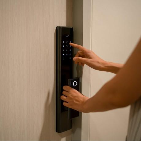 Mujer presionando una contraseña en el control de acceso electrónico para desbloquear una puerta en casa