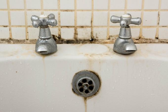 Sporcizia e muffa del bagno su fughe e piastrelle dietro i rubinetti