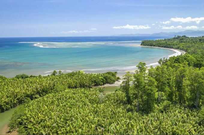 Φωτεινή ηλιόλουστη μέρα που δείχνει έναν κόλπο και έναν κολπίσκο στη βορειοανατολική ακτή του νησιού Choiseul, Νησιά Σολομώντα.