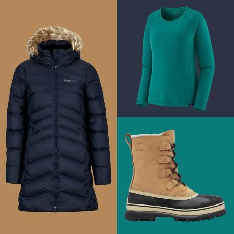 रंग ब्लॉक पृष्ठभूमि पर सर्दियों के कपड़ों के उत्पाद