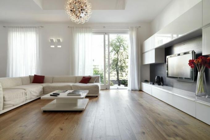 vista interna de una moderna sala de estar con pisos de madera con vista al jardín