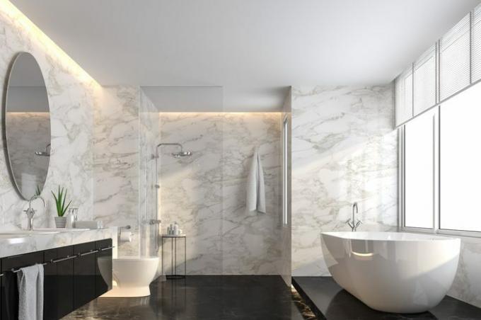 Baño de lujo con piso de mármol negro y pared de mármol blanco renderizado en 3D. La habitación tiene una mampara de ducha de vidrio transparente. Hay grandes ventanales con luz natural que entra en la habitación.