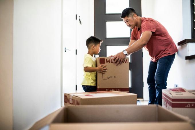 Padre e hijo levantando cajas de mudanza en un nuevo hogar