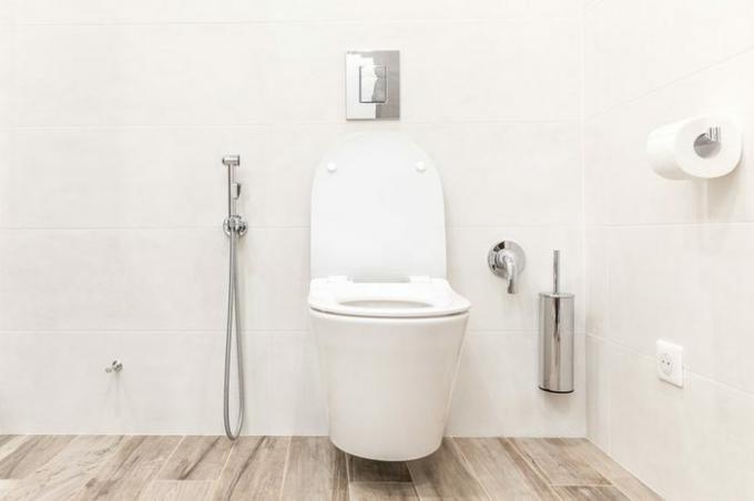 आधुनिक बाथरूम में शौचालय का कटोरा