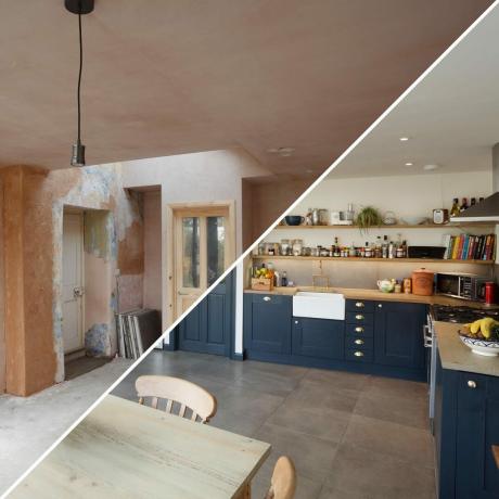 side om side sammenligning af et renoveret køkken før og efter