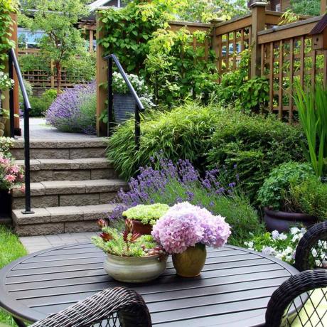 jardín pequeño con asientos al aire libre, plantas verdes y en macetas