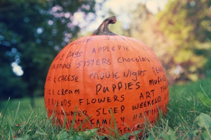Artesanía de otoño de calabaza agradecida con palabras de gratitud impresas en ella al aire libre sentado en la hierba