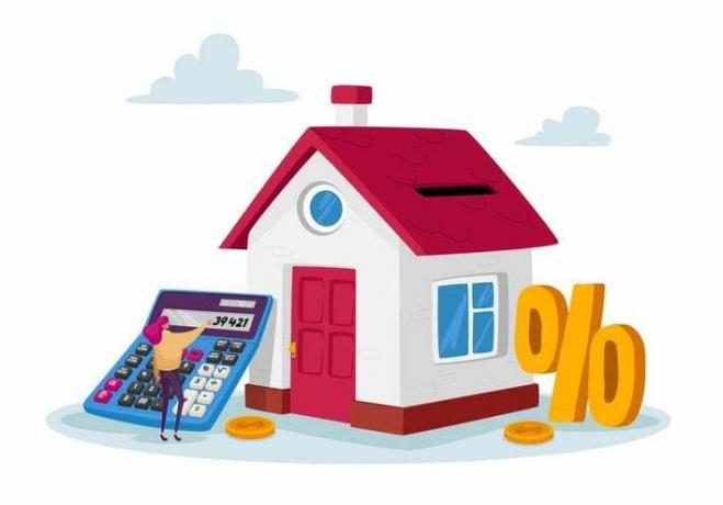 Sićušni ženski lik s ogromnim kalkulatorom i simbolom postotka u kući sa zlatnicima za kupnju kuće i koncept hipoteke
