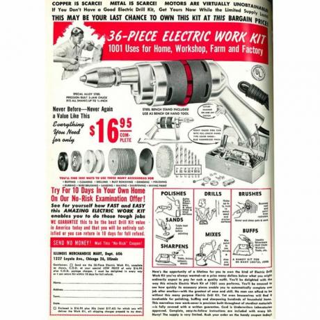 Um anúncio vintage para um kit de trabalho elétrico de 36 peças | Dicas profissionais de construção
